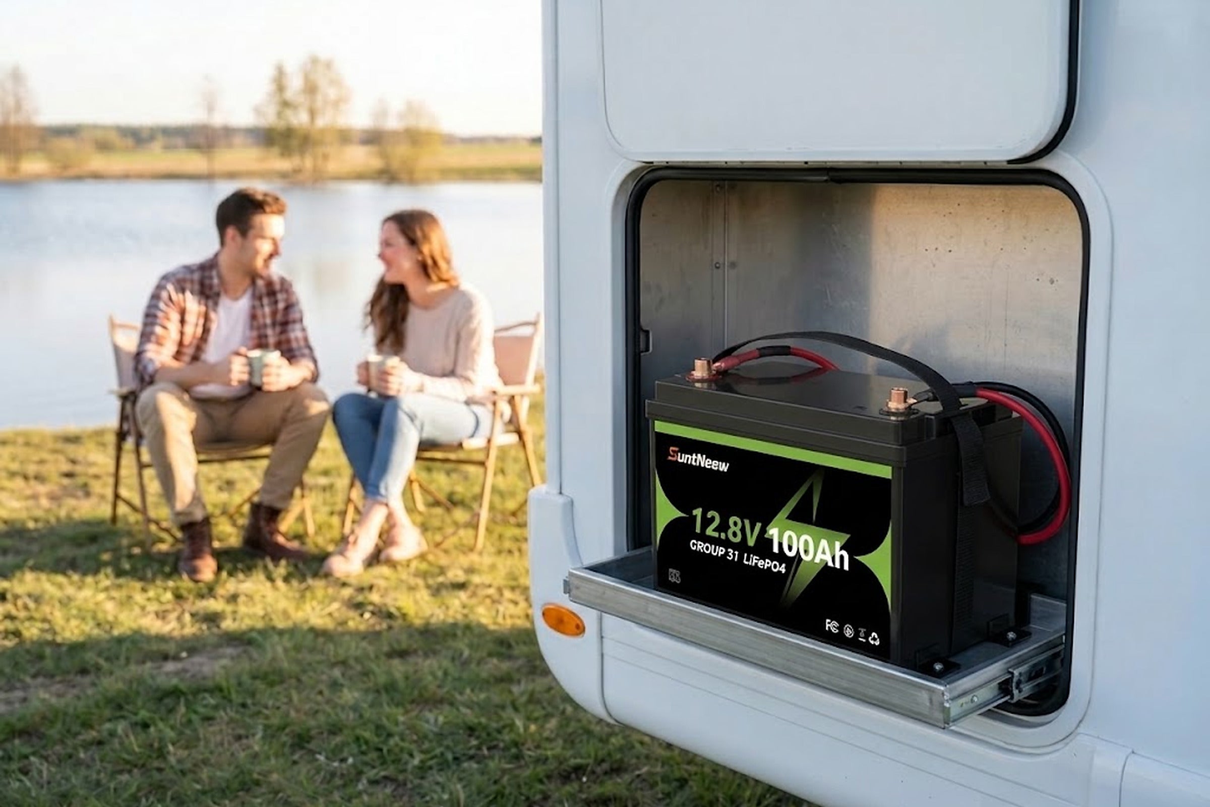 SuntNeew Group 31 battery installed in an RV service bay at a lakeside campsite