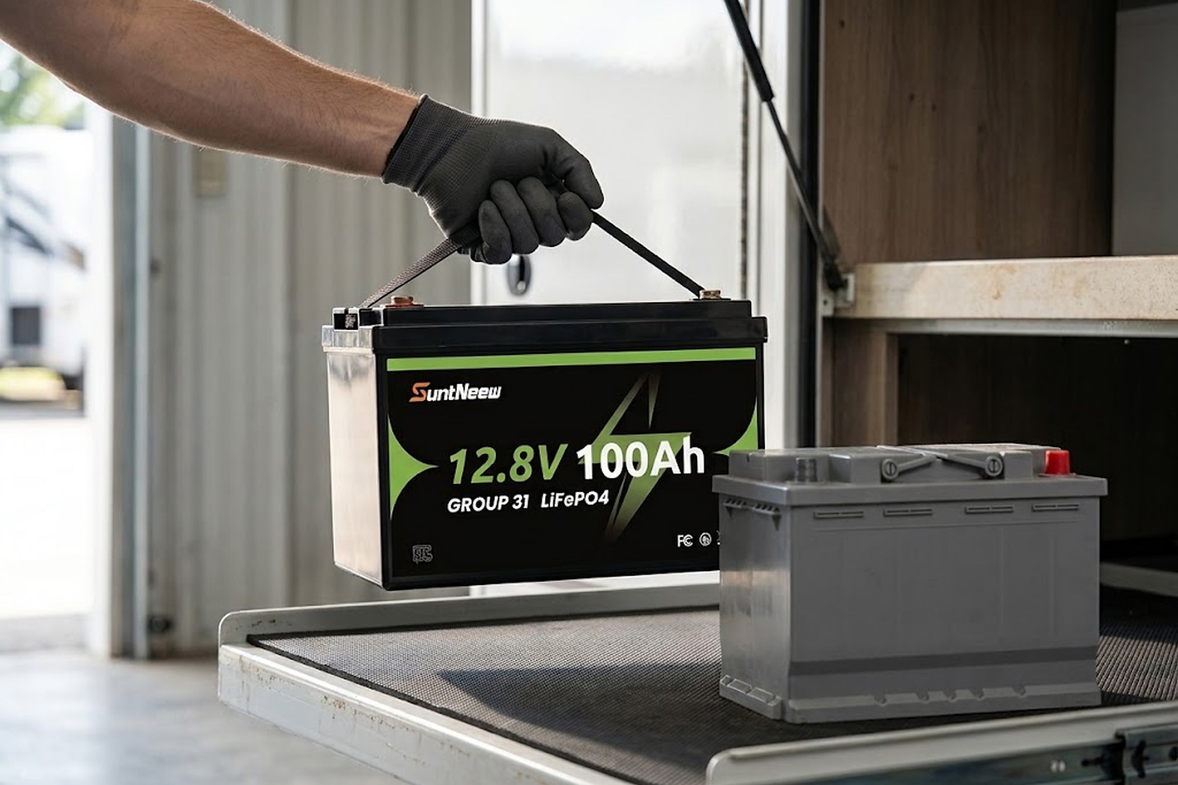 SuntNeew Group 31 LiFePO4 battery being carried beside a conventional lead-acid battery