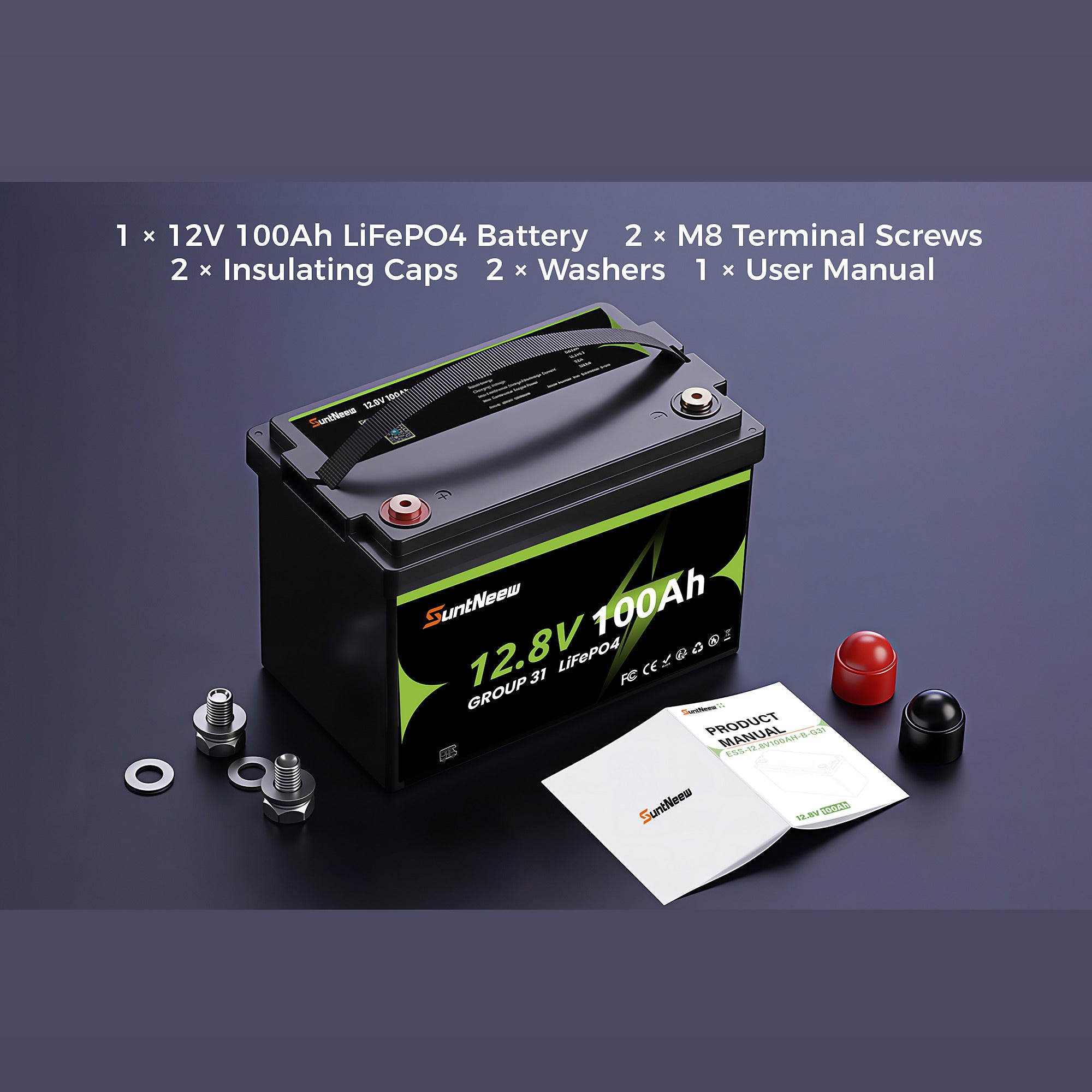 SuntNeew Group 31 battery, terminal hardware, insulating caps and product manual