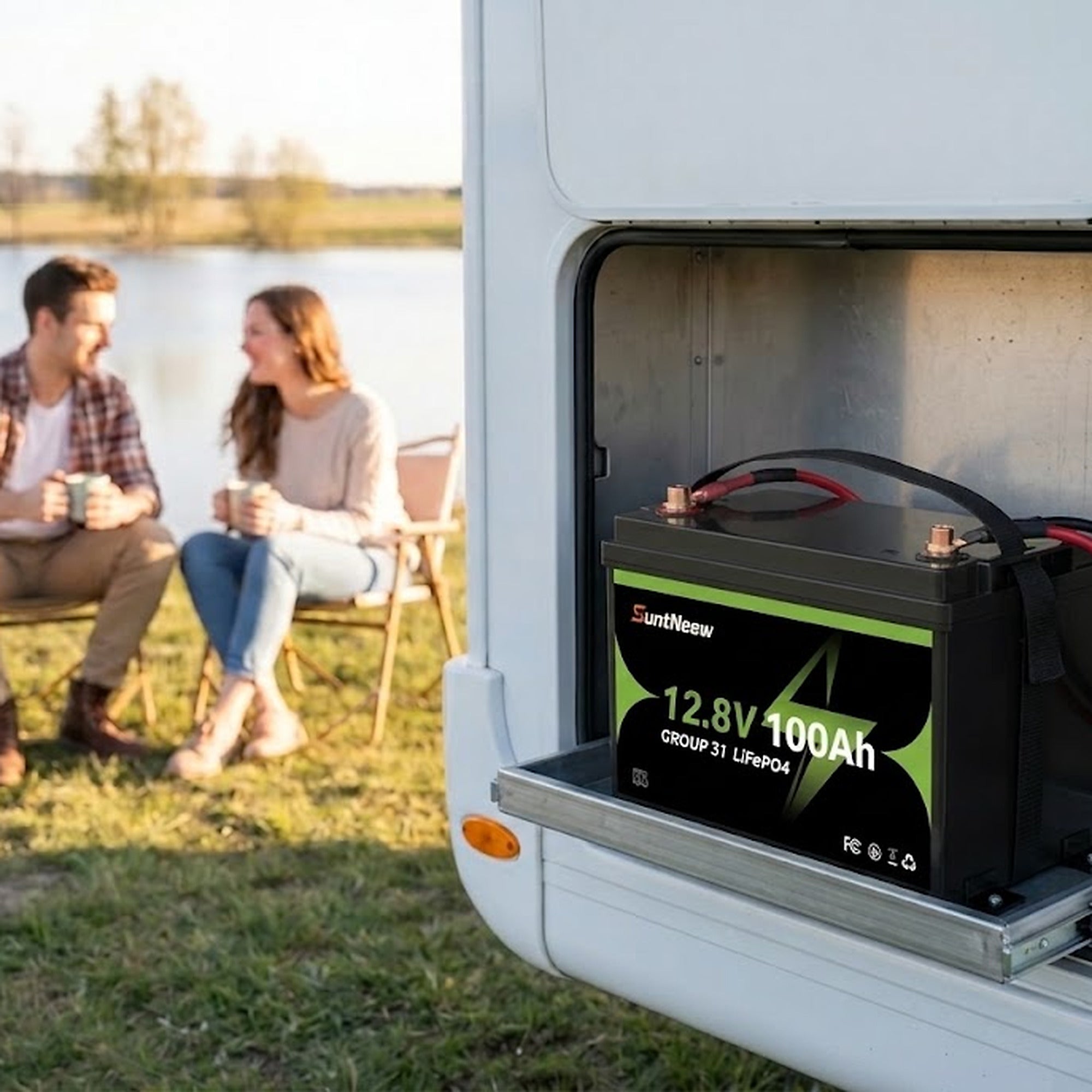SuntNeew Group 31 battery installed in an RV service bay at a lakeside campsite