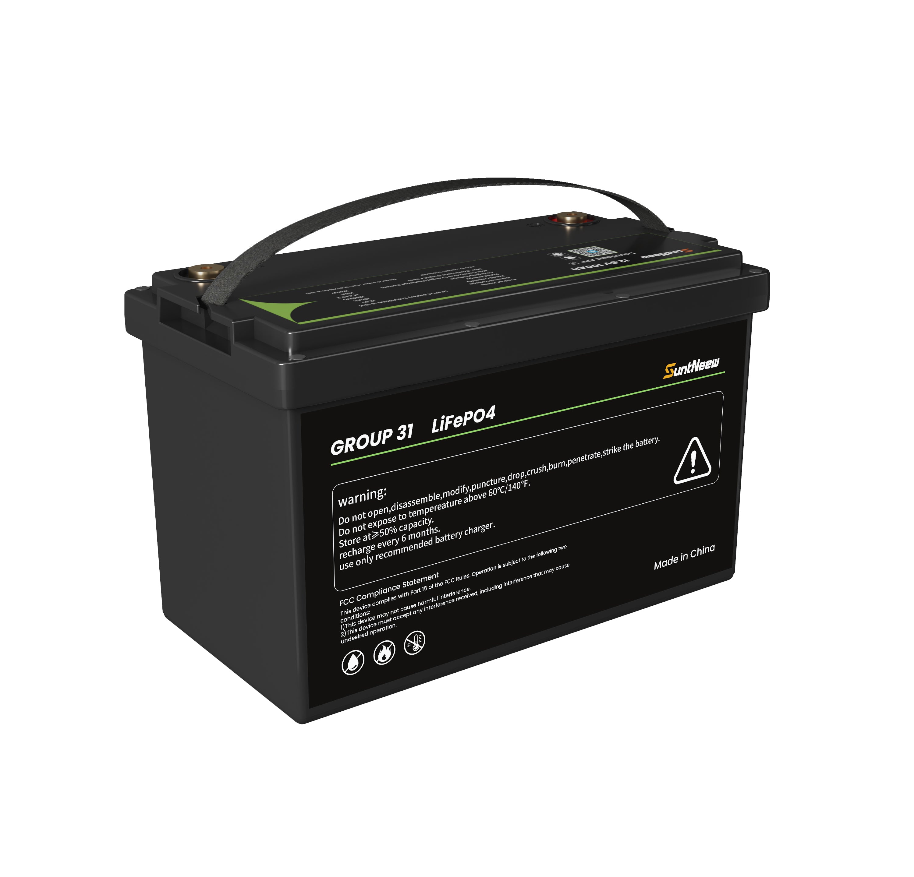 Rear three-quarter view of the SuntNeew Group 31 battery showing its top label, terminals and safety label