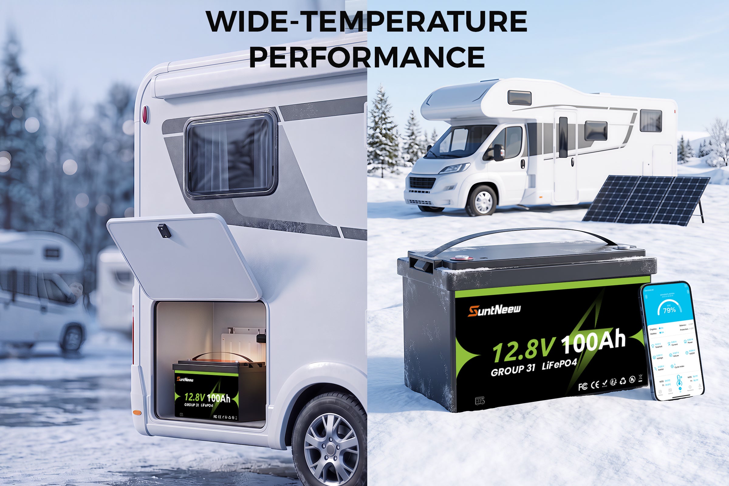 SuntNeew Group 31 battery and RV shown in cold-weather operating conditions