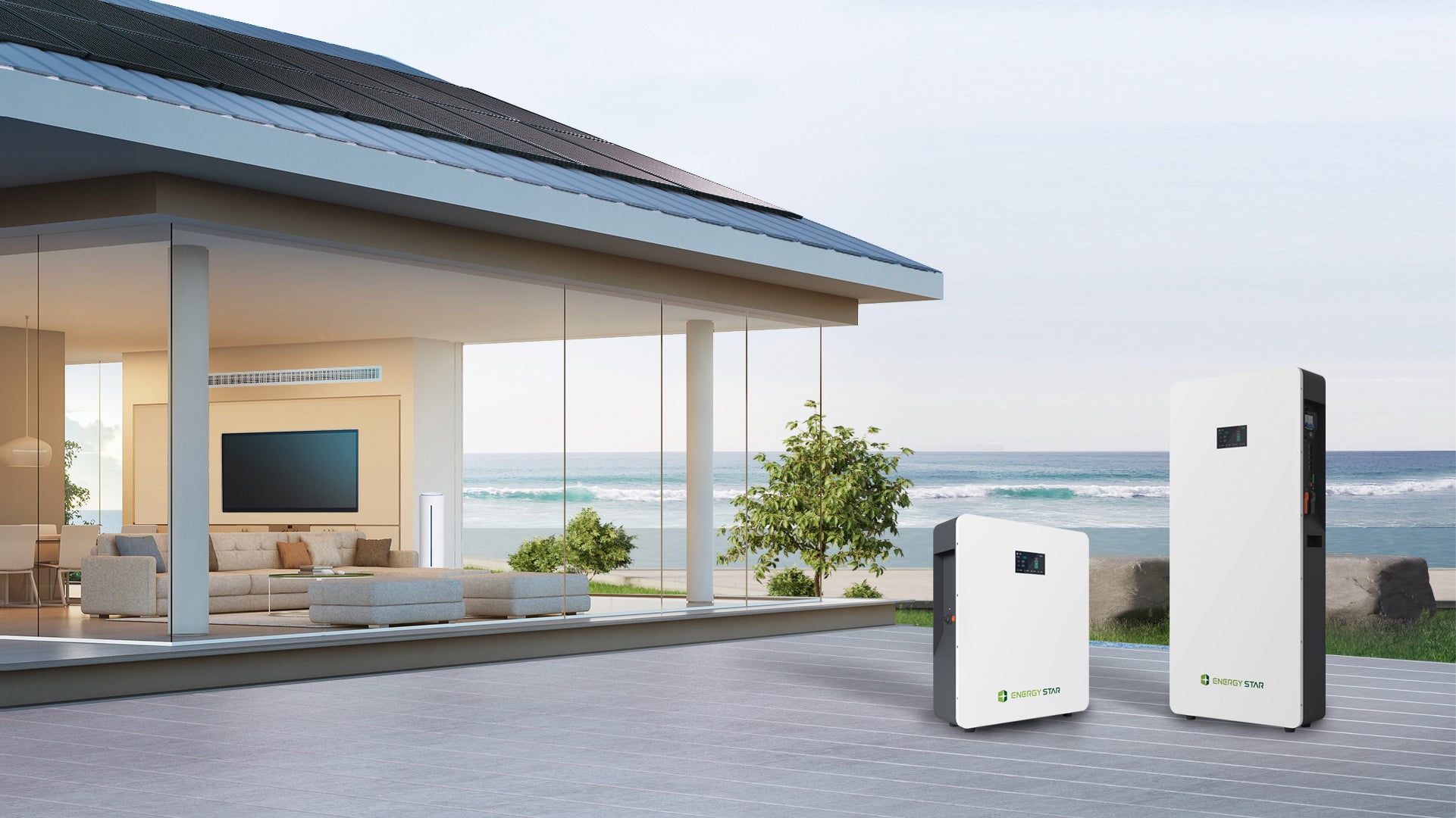 SuntNeew home energy storage system beside a solar-powered home