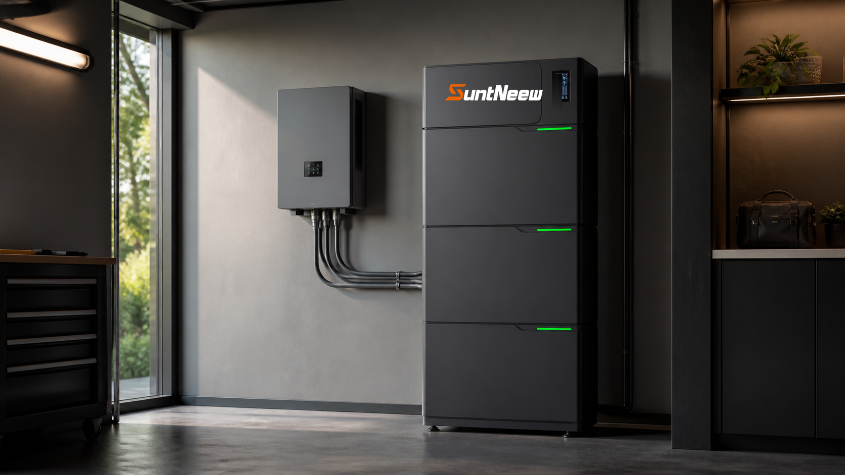 SuntNeew VH high-voltage battery stack installed in a dedicated home energy room